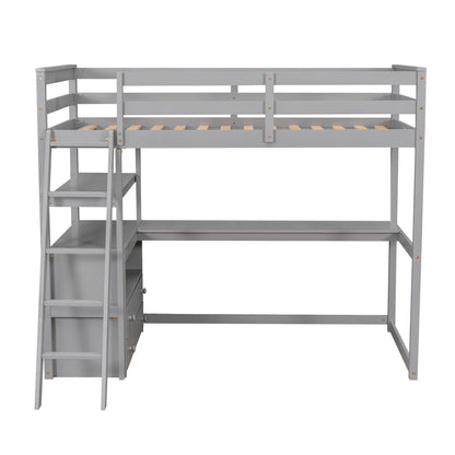 Twin Size Loft Bed with Desk and Shelves, Two Built-in Drawers, Gray(old SKU: GX000803AAE-1）