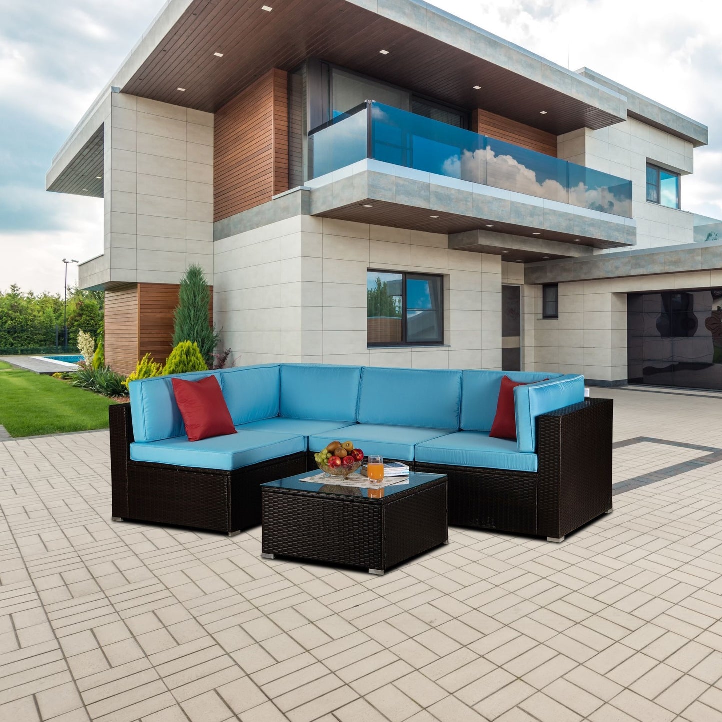 Outdoor Garden Patio Furniture 5-Piece Brown PE Rattan Wicker Sectional Blue Cushioned Sofa Sets with 2 Red Pillows