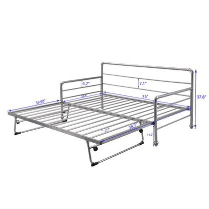 Twin Size Daybed with Adjustable Trundle, Pop Up Trundle, Silver