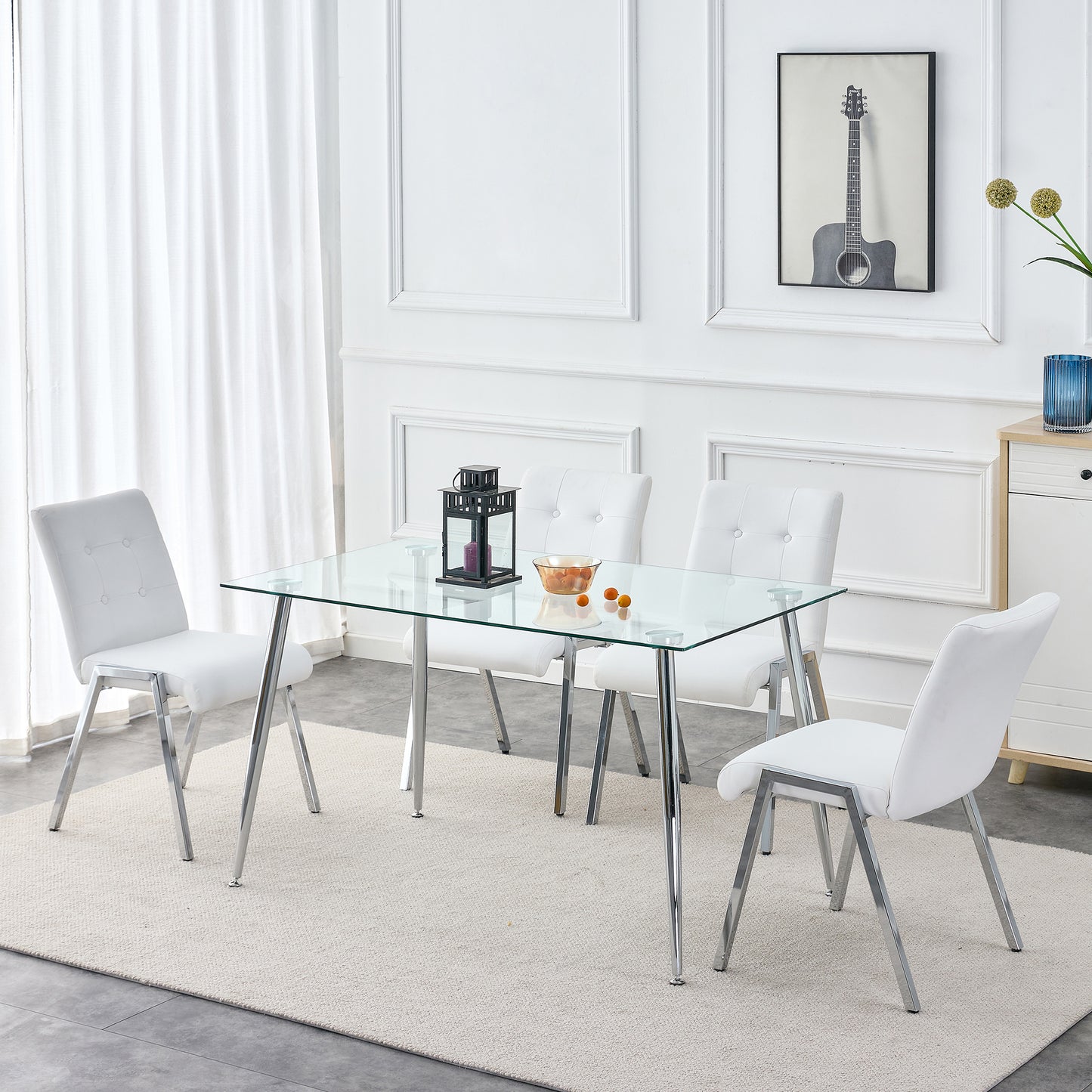 Grid shaped armless high back dining chair,2-piece set, office chair. Applicable to dining room, living room, kitchen and office.White  Chair and Electroplated metal leg