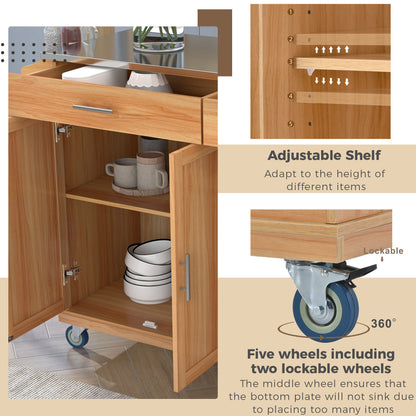 K&K Kitchen Cart with Stainless Steel Top and Storage Cabinet, Kitchen Island on Wheels with Two Drawers & Goblet Holder & Wine Rack & Spice Rack & Towel Holder, L51xW18xH37 Inches