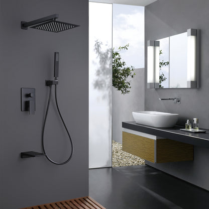 Trustmade Wall Mounted Square Rainfall Pressure Balanced Complteted Shower System with Rough-in Valve, 3 Function, 10 inches Matte Black - 3W02