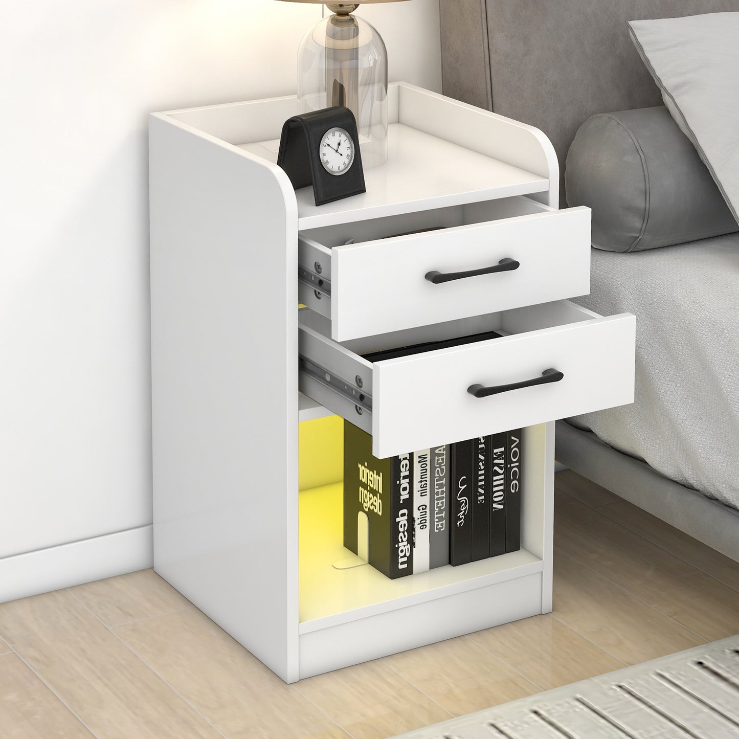 Nightstand with 2 Drawers and Cabinet,USB Charging Ports and Remote Control LED Light-White