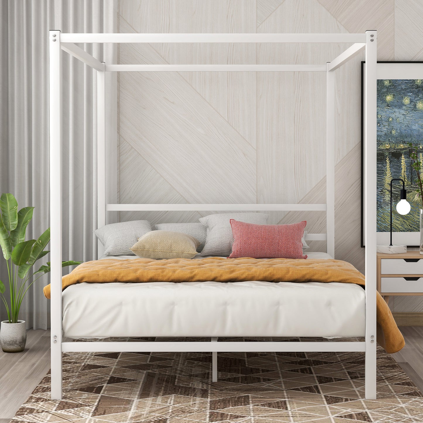 Metal Framed Canopy Platform Bed with Built-in Headboard,No Box Spring Needed, Classic Design, Queen ,White