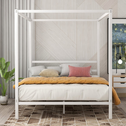 Metal Framed Canopy Platform Bed with Built-in Headboard,No Box Spring Needed, Classic Design, Queen ,White