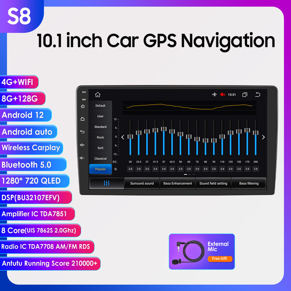 8S Series 10.1 inch Touchscreen Android 12 8Core QLED 1280*720 BT5.0 Car Gps Navigation Stereo Carplay Wifi 4G LTE DSP 8+128GB