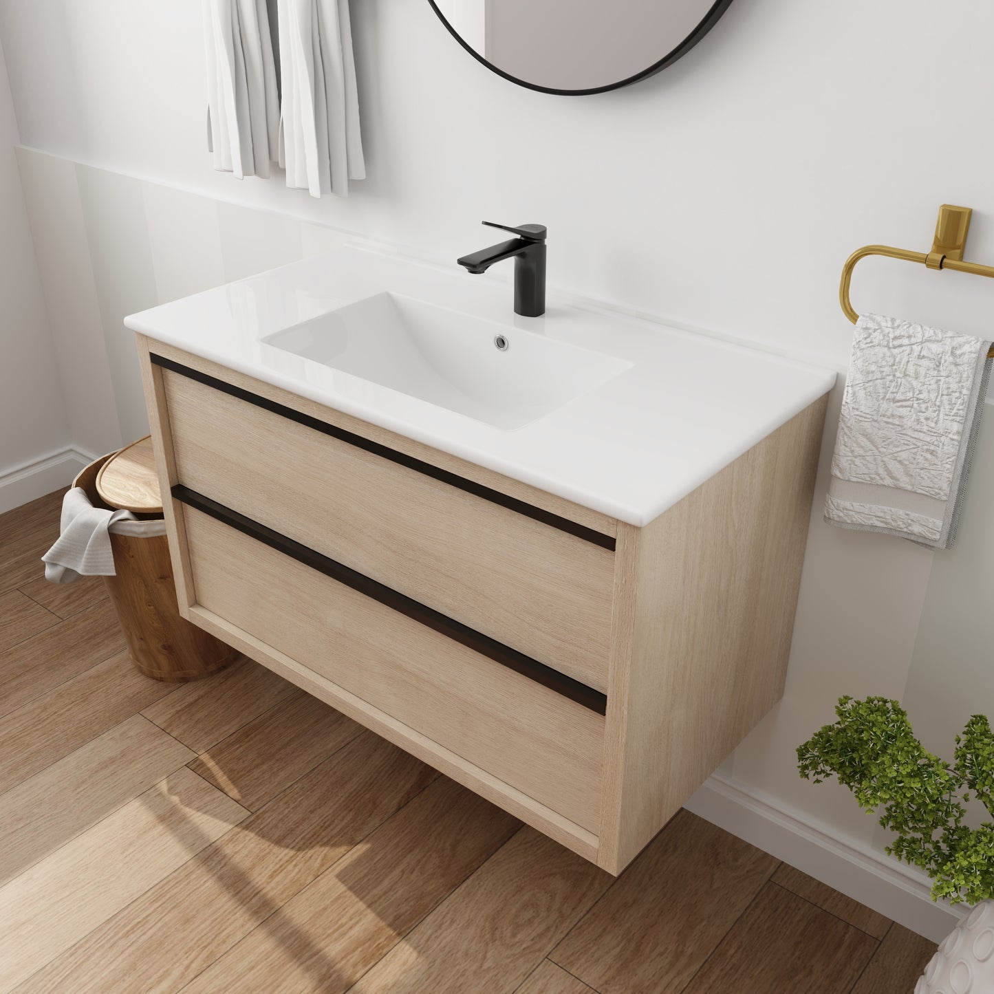 36" Bathroom Vanity with 2/3 Soft Close drawers,  White ceramic basin(BVA02536PLO-F-BL9090B)