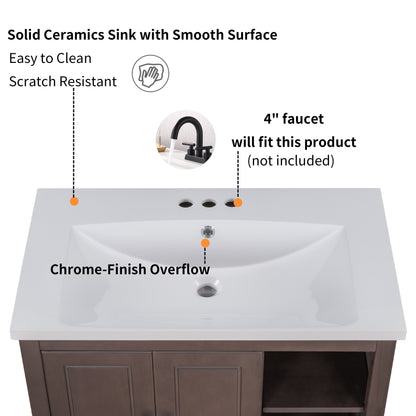 [VIDEO] 30" Bathroom Vanity with Sink, Bathroom Storage Cabinet with Doors and Drawers, Solid Wood Frame, Ceramic Sink, Brown