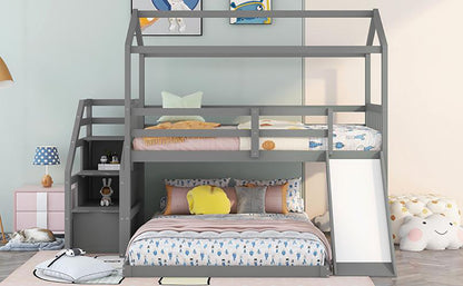 Twin over Full House Bunk Bed with Convertible Slide and Storage Staircase,Full-Length Guardrail,Gray