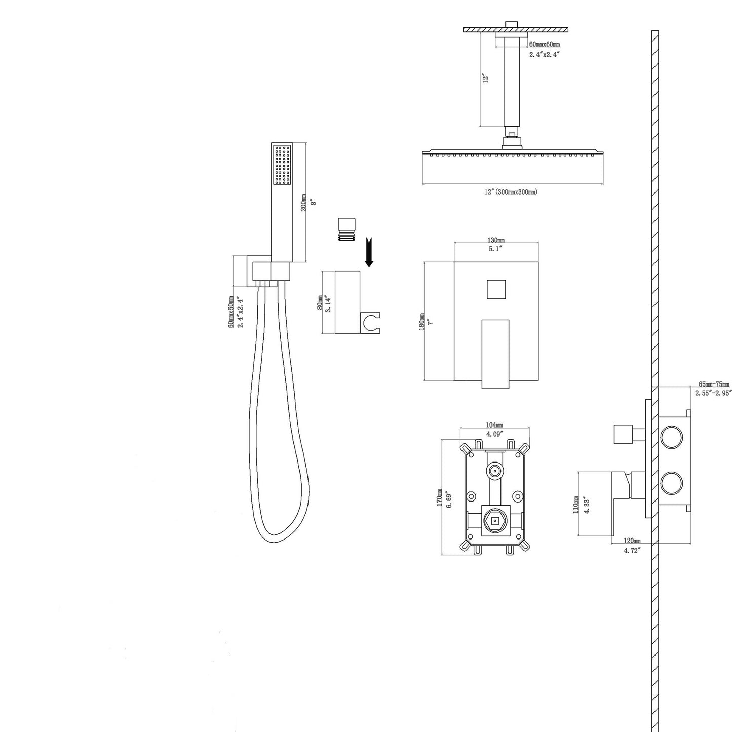 12" Rain Shower Head Systems , Chrome,Ceiling Mounted shower