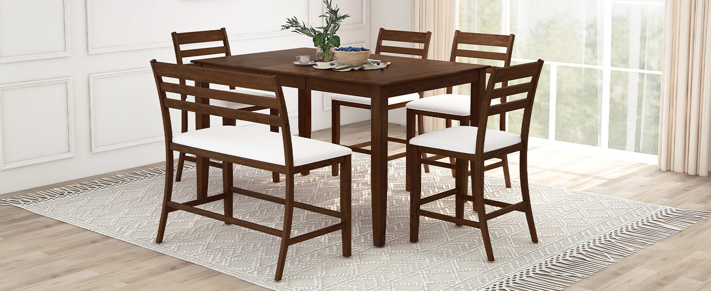 TOPMAX Farmhouse Extendable Counter Height 6-Piece Dining Table Set with Removable Leaf, 4 Dining Chairs and Dining Bench with Back, Brown Walnut+Beige