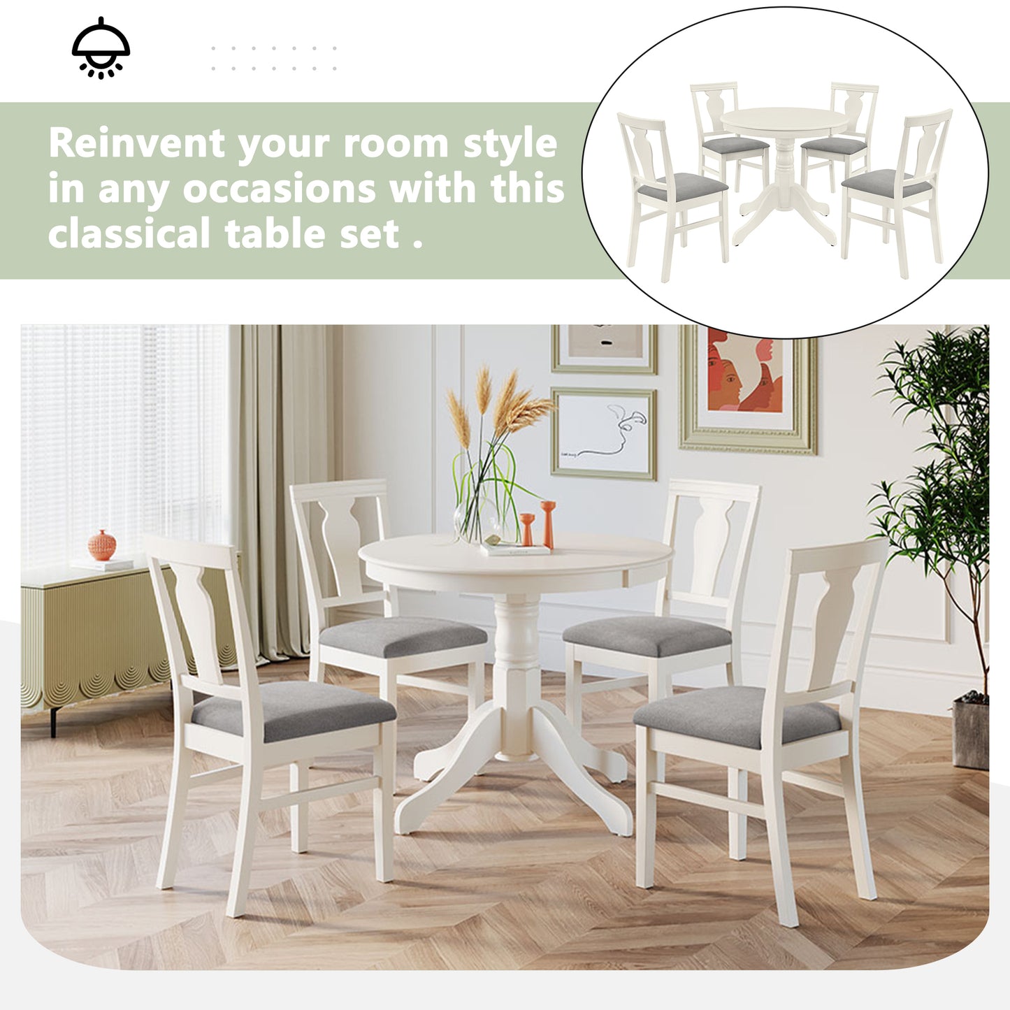 TOPMAX Mid-Century Wood 5-Piece Dining Table Set, Round Kitchen Set with 4 Upholstered Dining Chairs for Small Places, Cream White