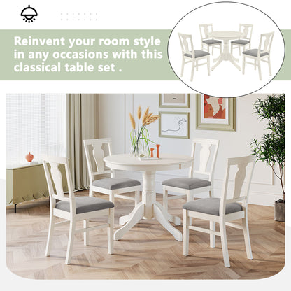 TOPMAX Mid-Century Wood 5-Piece Dining Table Set, Round Kitchen Set with 4 Upholstered Dining Chairs for Small Places, Cream White