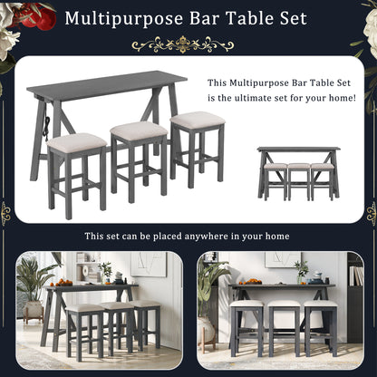 TREXM Multipurpose Home Kitchen Dining Bar Table Set with 3 Upholstered Stools(Gray)