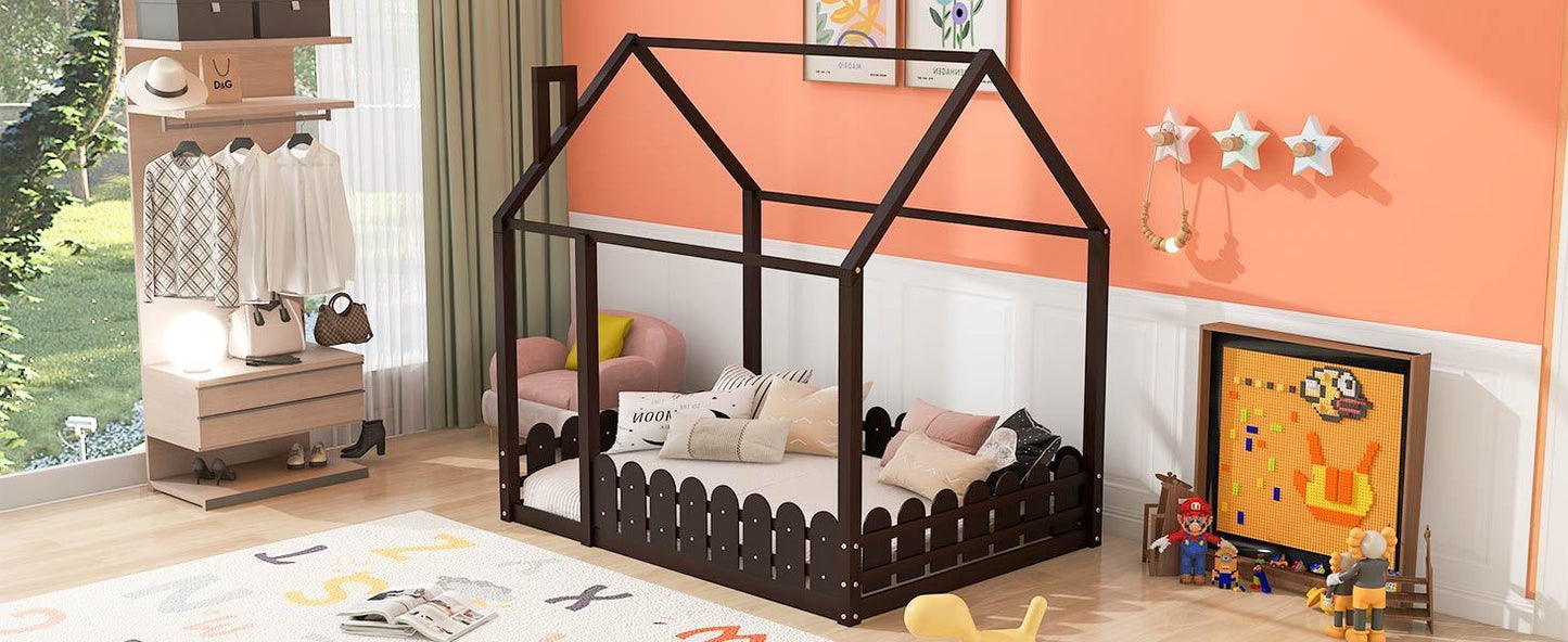 （Slats are not included) Full Size Wood Bed House Bed Frame with Fence, for Kids, Teens, Girls, Boys (Espresso )（OLD SKU:WF281294AAP）