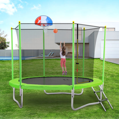 10FT Trampoline for Kids with Safety Enclosure Net, Basketball Hoop and Ladder, Easy Assembly Round Outdoor Recreational Trampoline