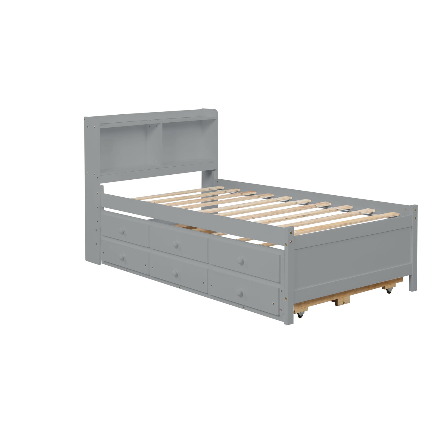 Twin Bed with Twin Trundle,Drawers,Grey