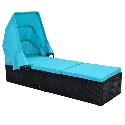 TOPMAX 76.8" Long Reclining Single Chaise Lounge with Cushions,Canopy and Cup Table, Black Wicker+Blue Cushion