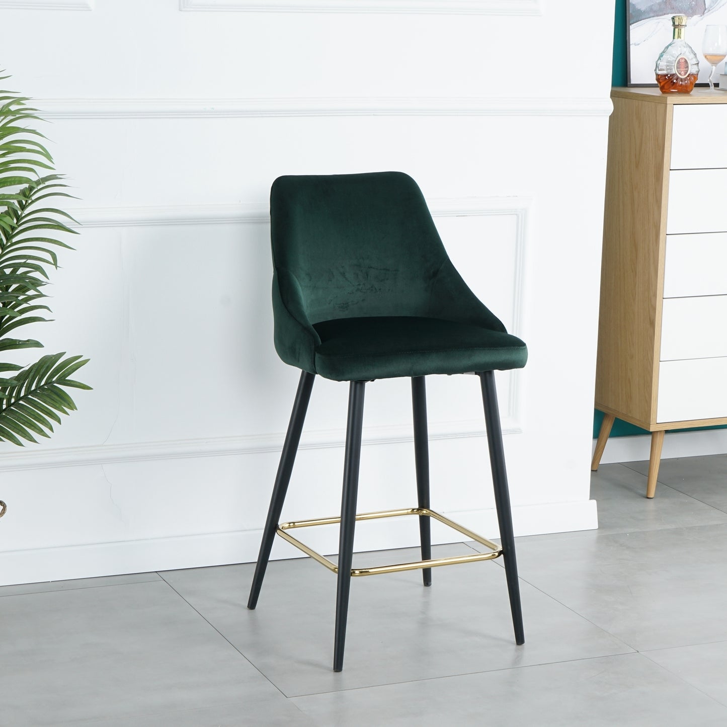 Luxury Modern Green Velvet Upholstered High Bar Stool Chair With Gold Legs(set of 2)