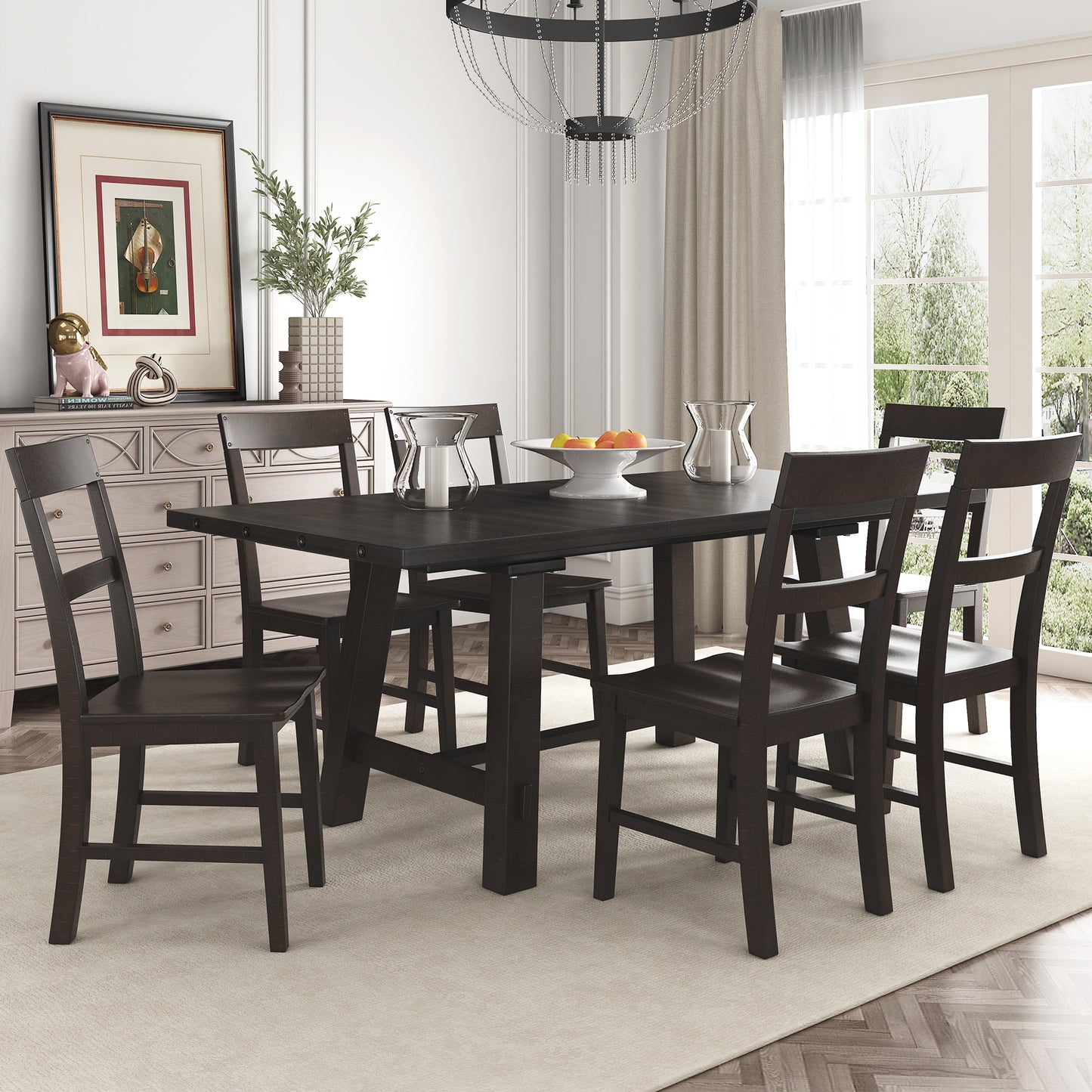 TREXM Retro Industrial Style 7-Piece Dining Table Set Extendable Table with 18” Leaf and Six Wood Chairs 
(Espresso)