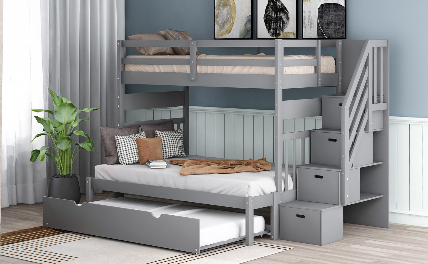 Twin over Twin/Full Bunk Bed with Twin Size Trundle (Gray)(OLD SKU :LP000025AAE)