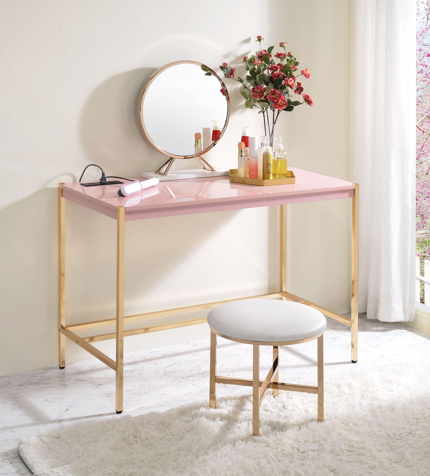 ACME Midriaks Writing Desk w/USB Port in Pink & Gold Finish OF00024