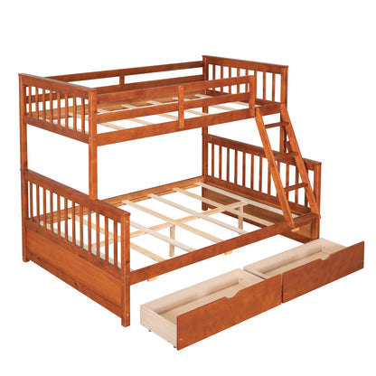 Twin-Over-Full Bunk Bed with Ladders and Two Storage Drawers (Walnut) ( old sku:LT000165AAD）