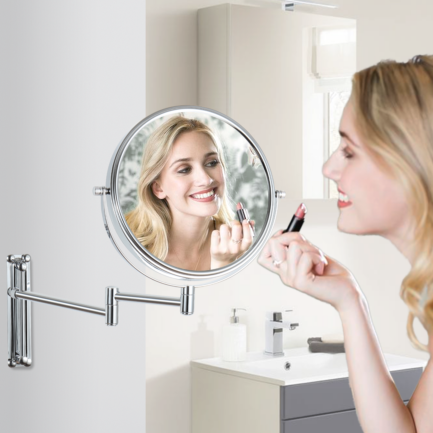 8-inch Wall Mounted Makeup Vanity Mirror, Height Adjustable, 1X / 7X Magnification Mirror, 360° Swivel with Extension Arm (Chrome Finish)