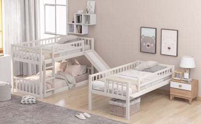 Twin-Over-Twin-Over-Twin Triple Bed with Built-in Ladder and Slide, Triple Bunk Bed with Guardrails, White(OLD SKU: LP000051AAK)