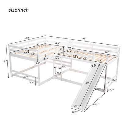 Full and Twin Size L-Shaped Bunk Bed with Slide and Short Ladder,White