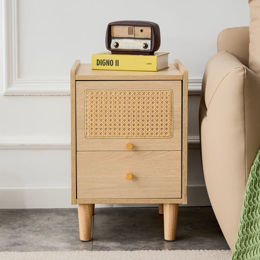 Modern simple storage cabinet MDF Board bedside cabinet Japanese rattan bedside cabinet Small household furniture bedside table.Applicable to dressing table in bedroom, porch, living room.2 Drawers