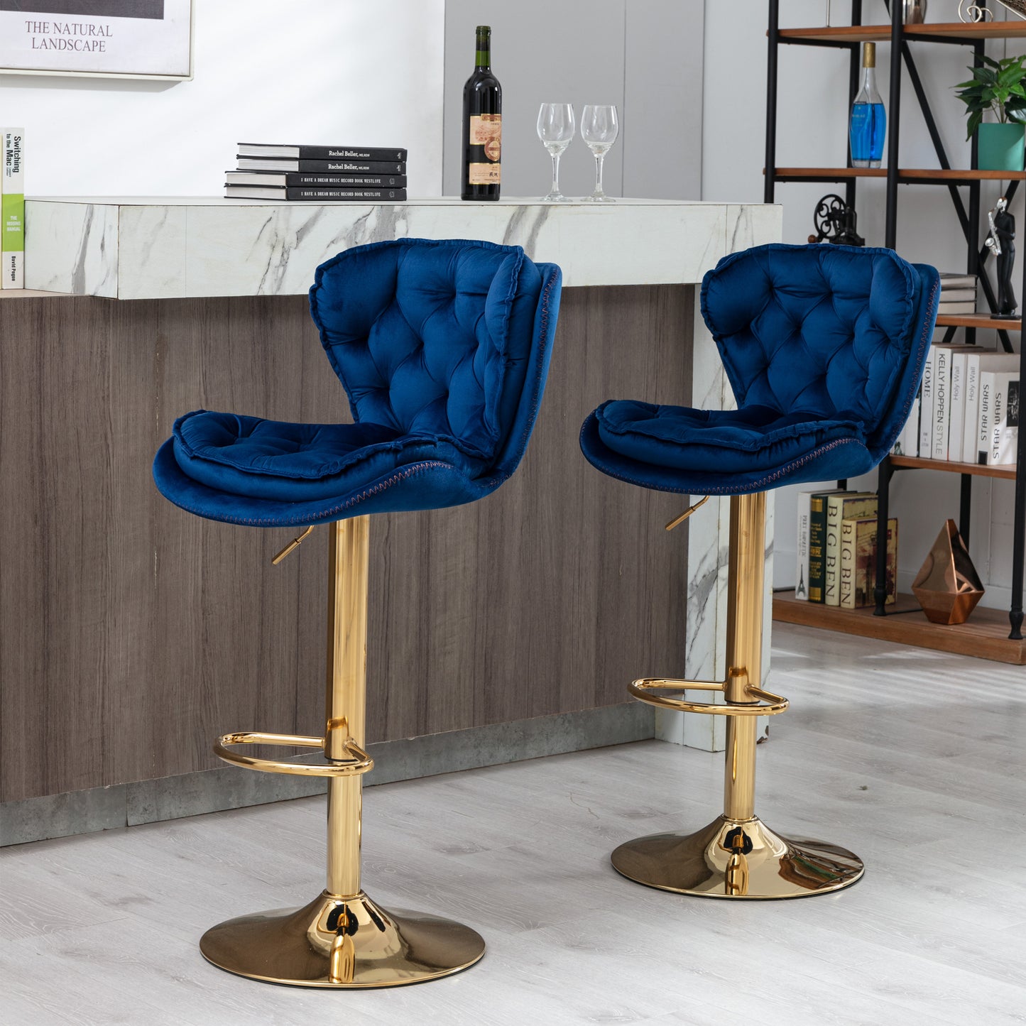 Set of 2  Bar Stools,with Chrome Footrest and Base Swivel Height Adjustable Mechanical Lifting Velvet + Golden Leg Simple Bar Stool-blue