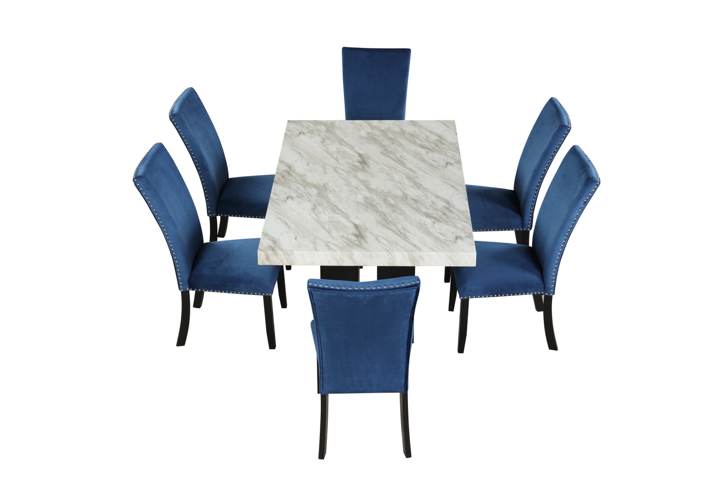 7-piece Dining Table Set with 1 Faux Marble Dining Rectangular Table and 6 Upholstered-Seat Chairs ,for Dining room and Living Room ,Blue