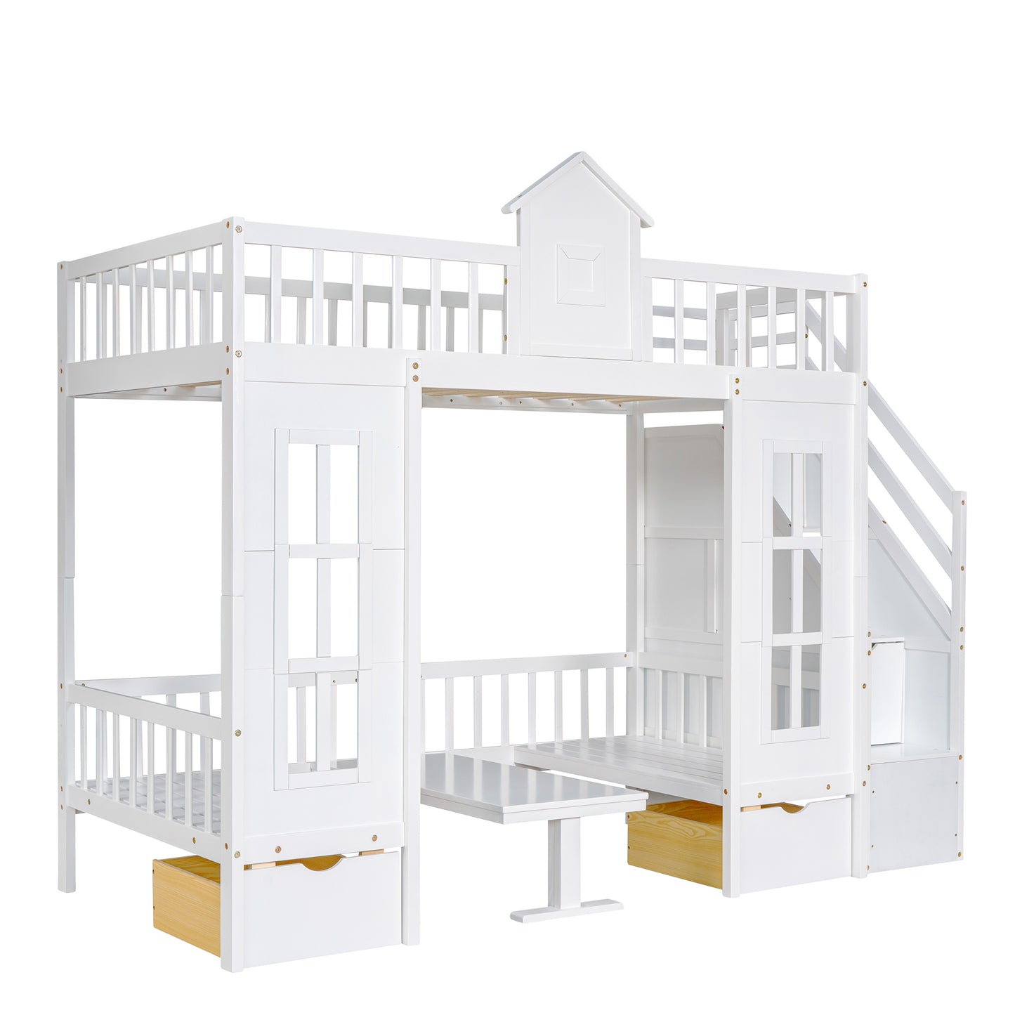 Twin-Over-Twin Bunk Bed with Changeable Table , Bunk Bed  Turn into Upper Bed and Down Desk with 2 Drawers - White