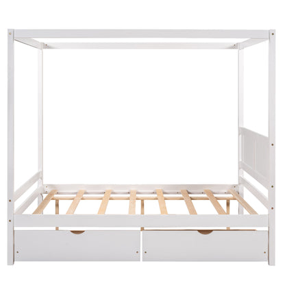 Full Size Canopy Platform Bed with Two Drawers,With Slat Support Leg,White