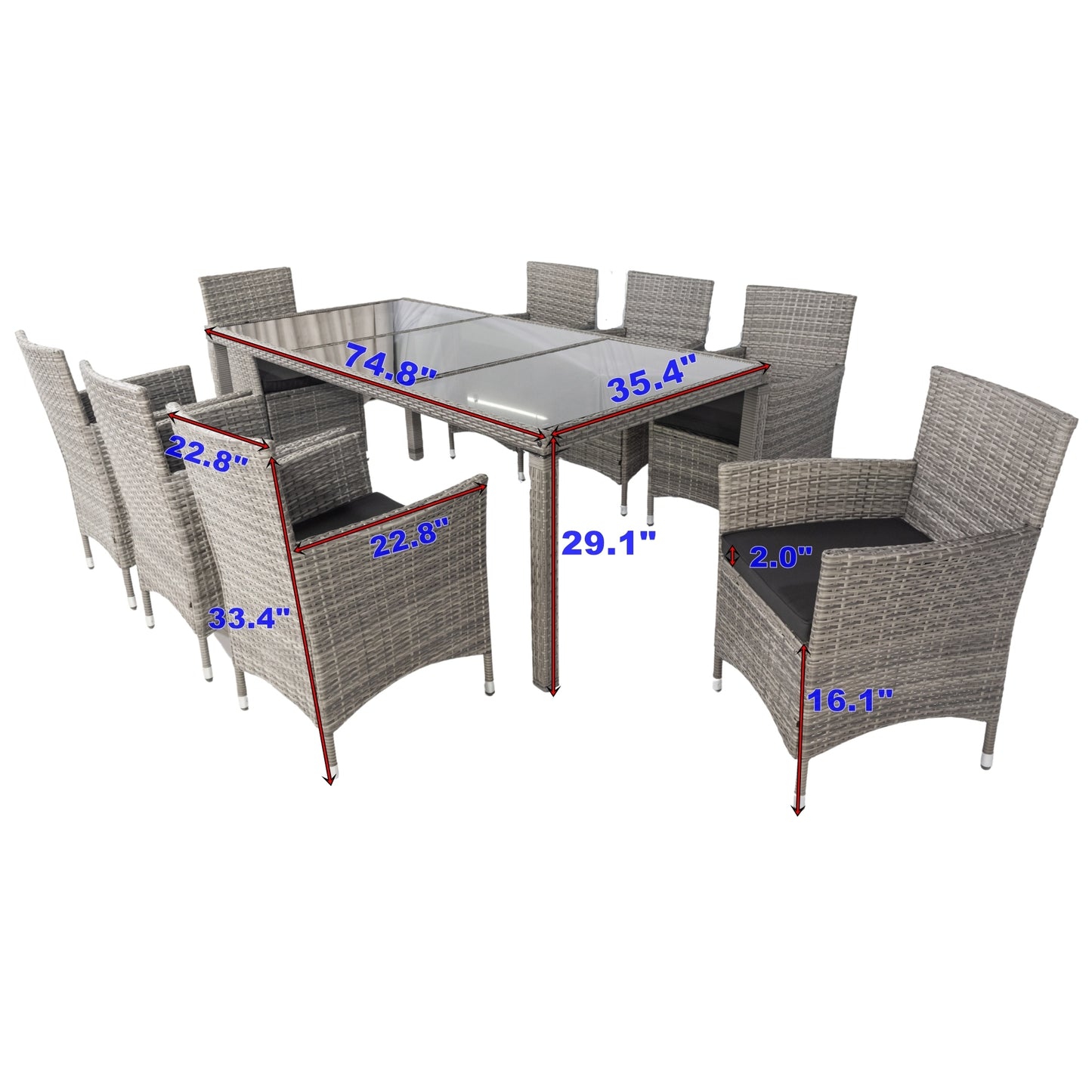 9 piece Outdoor Patio Wicker Dining Set Patio Wicker Furniture Dining Set Glass Top Grey