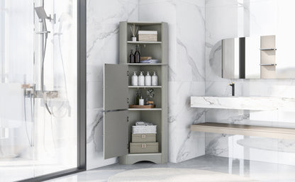 Tall Bathroom Corner Cabinet, Freestanding Storage Cabinet with Doors and Adjustable Shelves, MDF Board, Gray