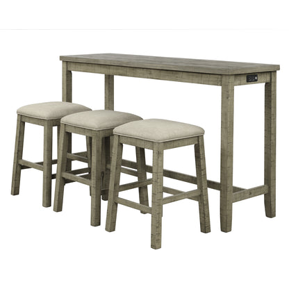 TOPMAX 4 Pieces Counter Height Table with Fabric Padded Stools,Rustic Bar Dining Set with Socket,Gray Green