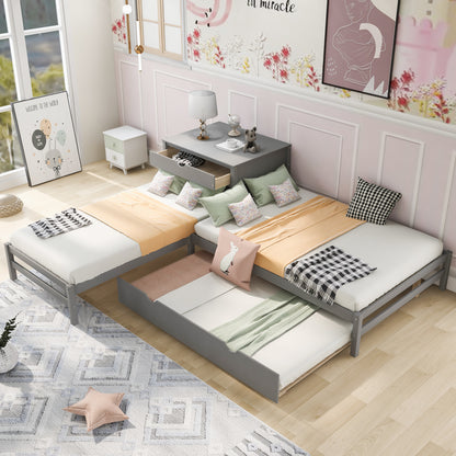 L-Shaped Full Size and Twin Size Platform Beds with Twin Size Trundle and Drawer Linked with Built-in Rectangle Table,Gray