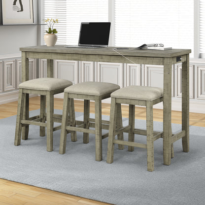 TOPMAX 4 Pieces Counter Height Table with Fabric Padded Stools,Rustic Bar Dining Set with Socket,Gray Green