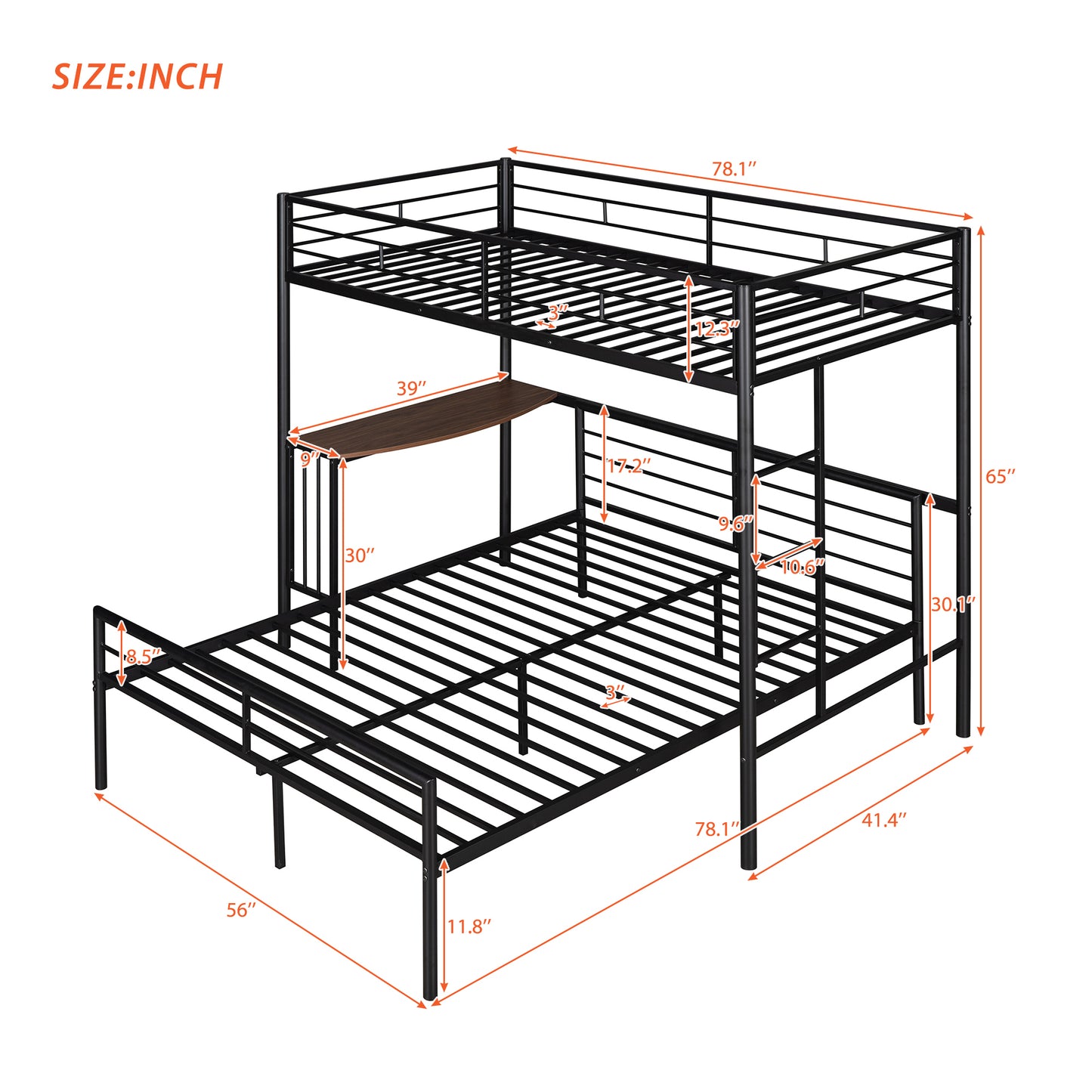 Twin Over Full Metal Bunk Bed with Desk, Ladder and Quality Slats for Bedroom, Metallic Black（OLD SKU :LP000092AAB）