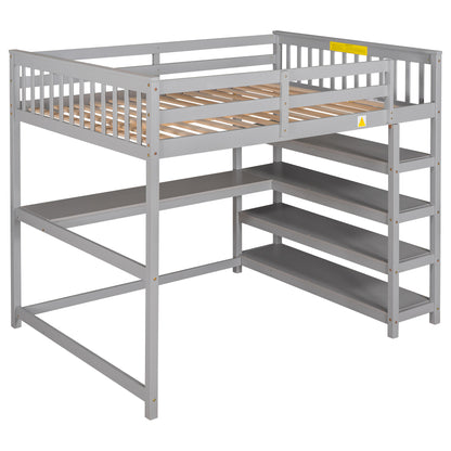 Full Size Loft Bed with Storage Shelves and Under-bed Desk, Gray(OLD SKU:SM000246AAE-1)