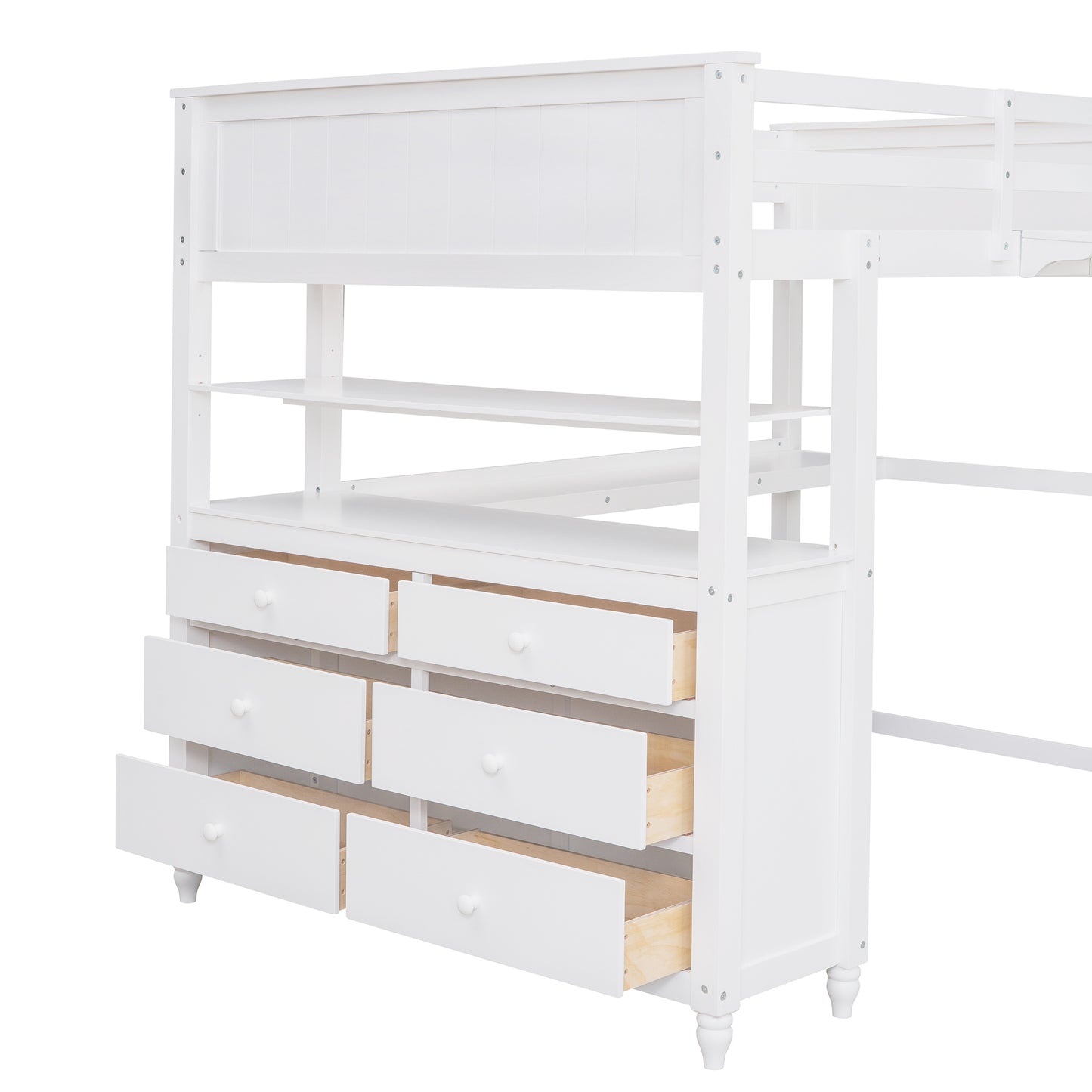 Full size Loft Bed with Drawers and Desk, Wooden Loft Bed with Shelves - White(OLD SKU:LT000529AAK)