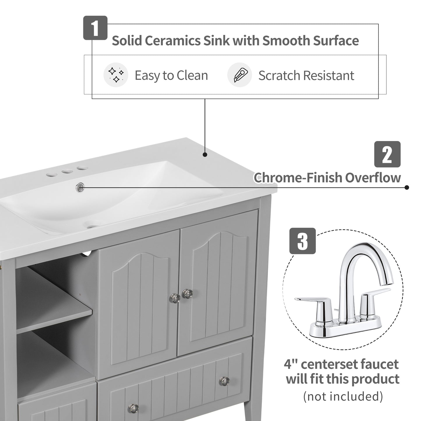 36" Single Bathroom Vanity Top with White Basin, 3-Faucet Holes, Ceramic