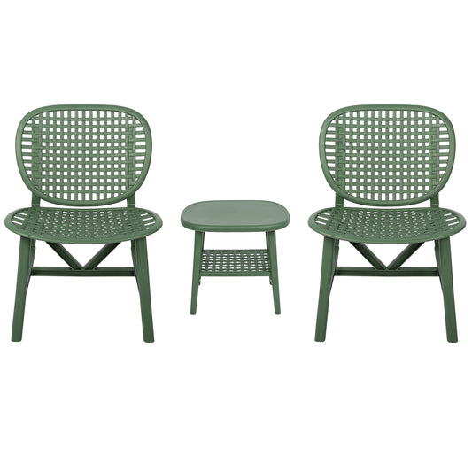 3 Pieces Hollow Design Retro Patio Table Chair Set All Weather Conversation Bistro Set Outdoor Table with Open Shelf and Lounge Chairs with Widened Seat for Balcony Garden Yard  Green