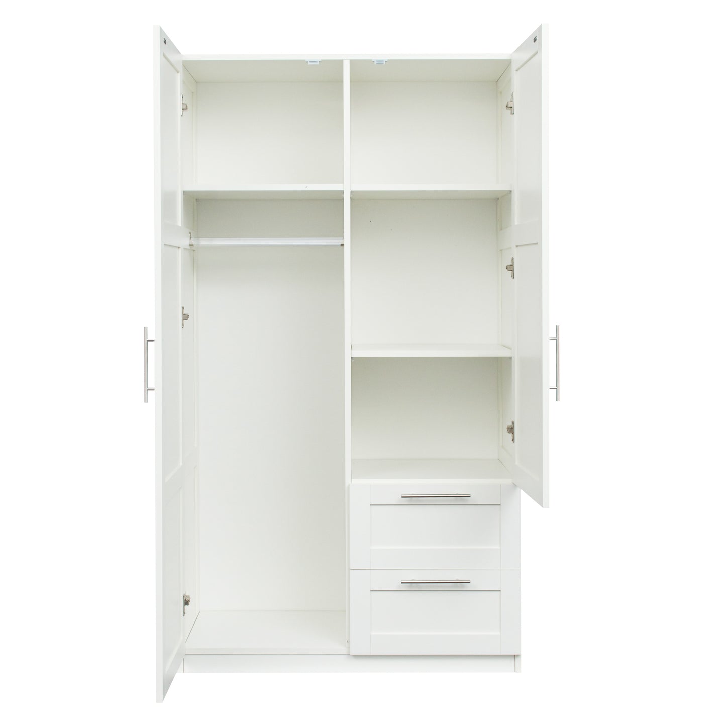 High wardrobe and kitchen cabinet with 2 doors, 2 drawers and 5 storage spaces,white