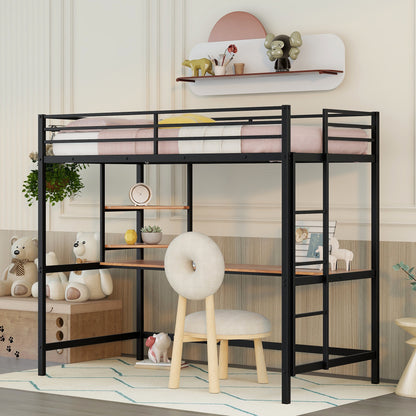 Twin Metal Loft Bed with Desk and Shelve,Black