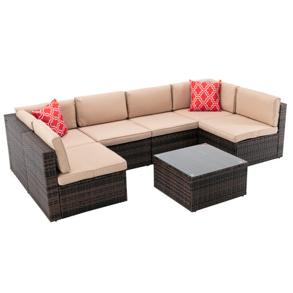 7Pcs Outdoor Garden Patio Furniture  PE Rattan Wicker  Sectional Cushioned Sofa Sets with 2 Pillows and Coffee Tablemodular sectional sofa sets