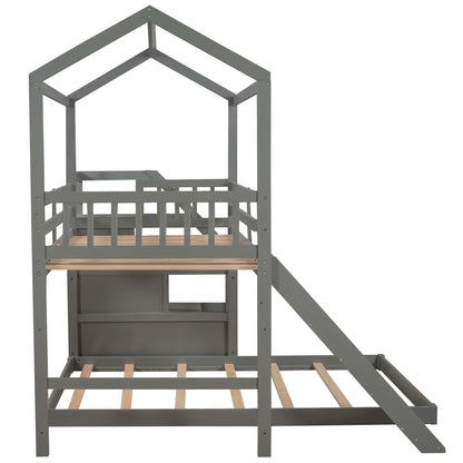 Twin over Full House Bunk Bed with Convertible Slide and Storage Staircase,Full-Length Guardrail,Gray