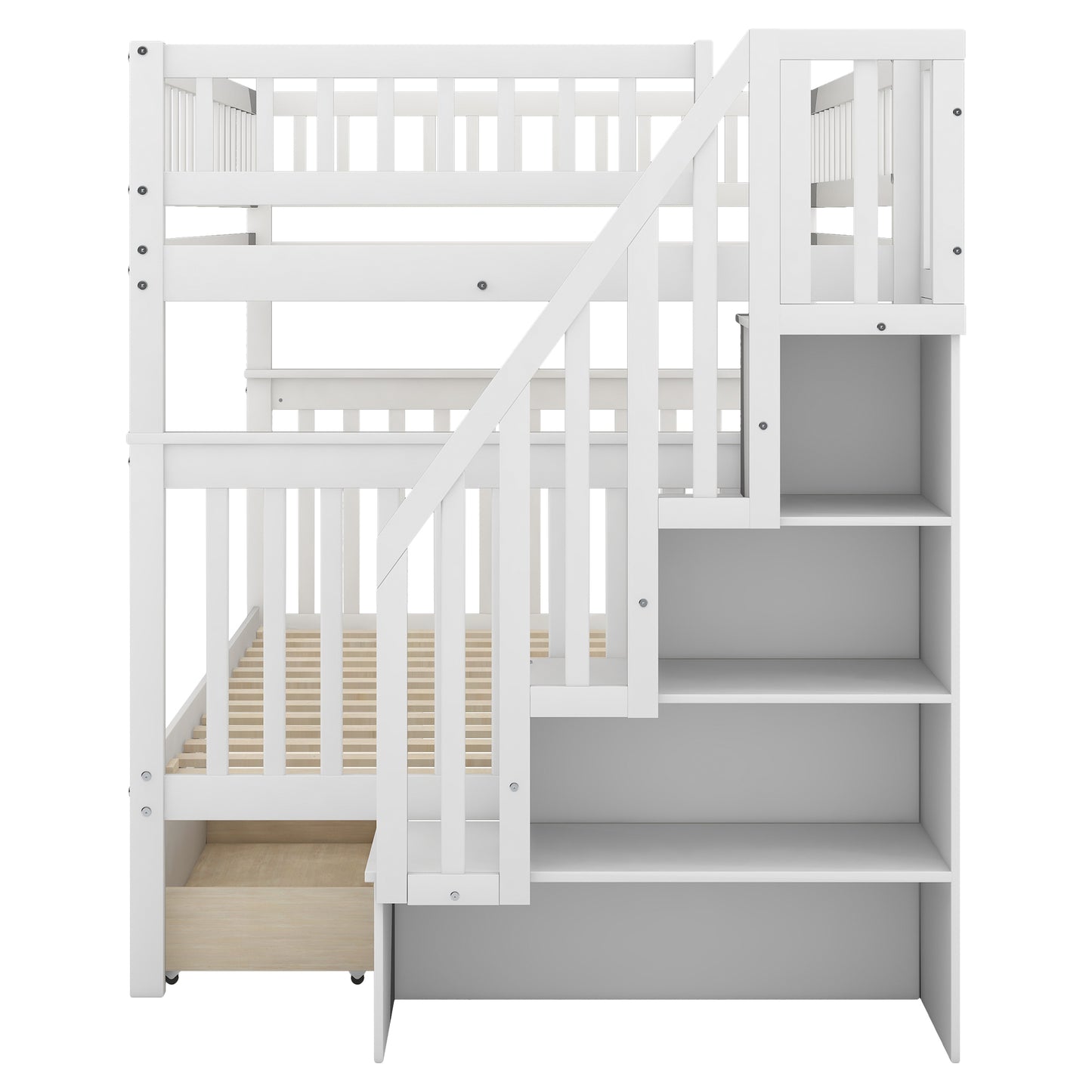 Full over Full Bunk Bed with Two Drawers and Storage, White